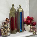 Souq DESIGNS Arabic Lantern Set ,Tea Light Lanterns Moroccan Style Home Décor for Table & Hanging Lantern, Vintage Decorative Metal Tabletop indoor & Outdoor Color Embossed Glass (Gold Pink Blue)_63df815db52e7.jpeg
